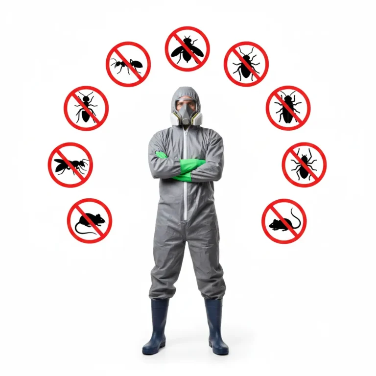 kártevőirtó szakember védőfelszerelésben hangya légy bolha darázs csótány ágyi poloska egér és patkány elleni védelem