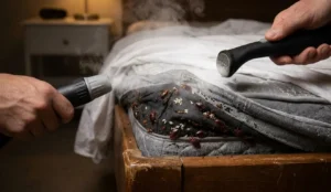 Ágyi poloska irtás házilag gőztisztítóval a matrac varrataiban – gyakran hatástalan módszer.